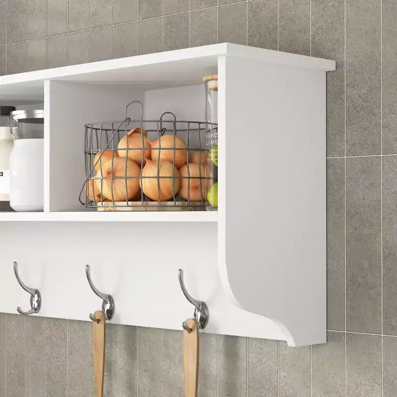 Porte-manteau mural blanc pour entrée avec 4 crochets doubles, étagère de rangement en bois pour salon