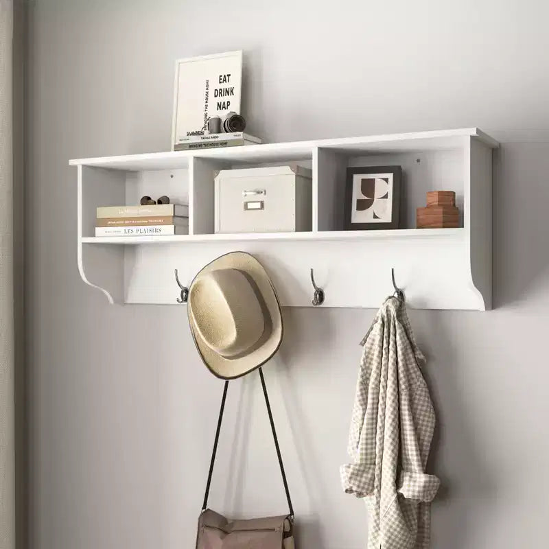 Porte-manteau mural blanc pour entrée avec 4 crochets doubles, étagère de rangement en bois pour salon