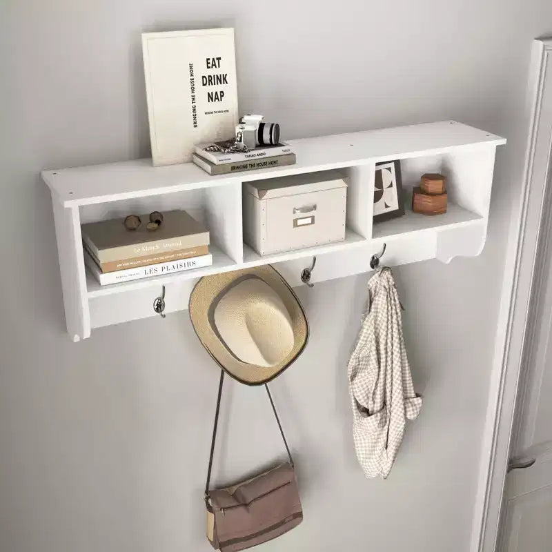 Porte-manteau mural blanc pour entrée avec 4 crochets doubles, étagère de rangement en bois pour salon