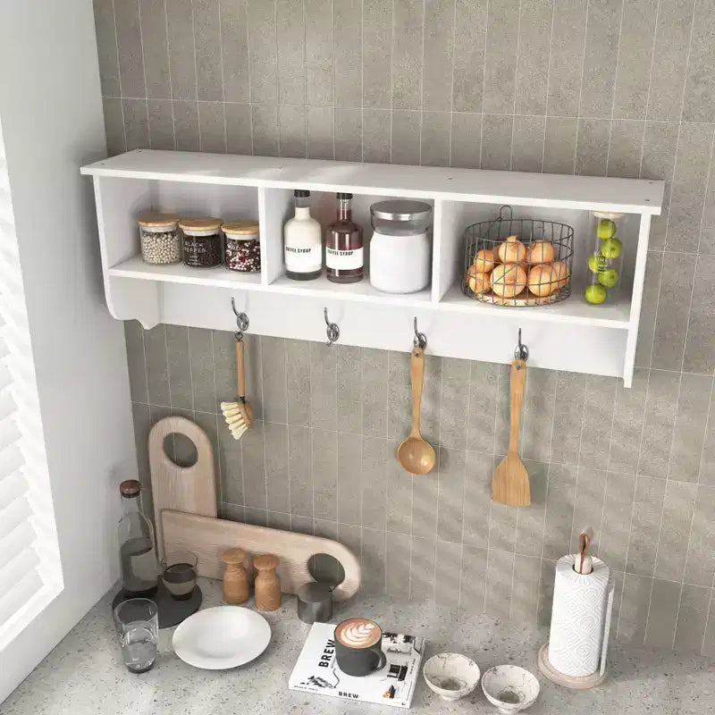 Porte-manteau mural blanc pour entrée avec 4 crochets doubles, étagère de rangement en bois pour salon