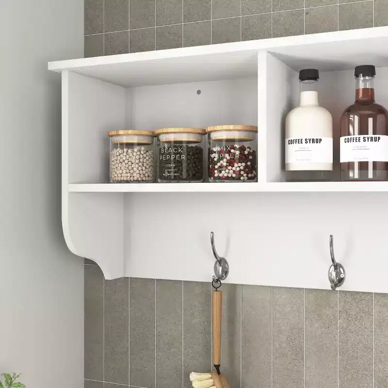 Porte-manteau mural blanc pour entrée avec 4 crochets doubles, étagère de rangement en bois pour salon