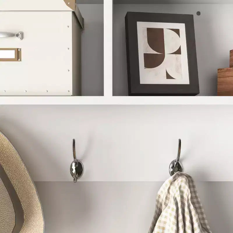 Porte-manteau mural blanc pour entrée avec 4 crochets doubles, étagère de rangement en bois pour salon