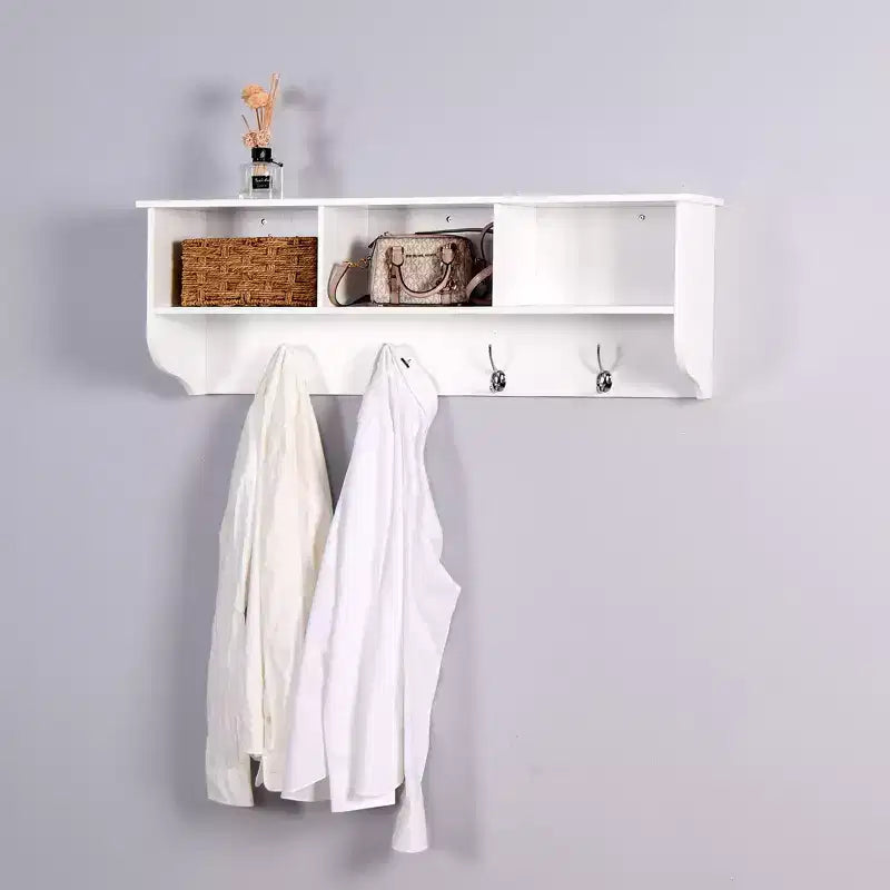 Porte-manteau mural blanc pour entrée avec 4 crochets doubles, étagère de rangement en bois pour salon