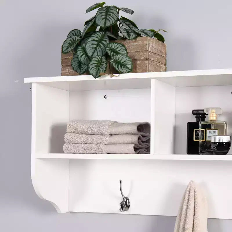 Porte-manteau mural blanc pour entrée avec 4 crochets doubles, étagère de rangement en bois pour salon