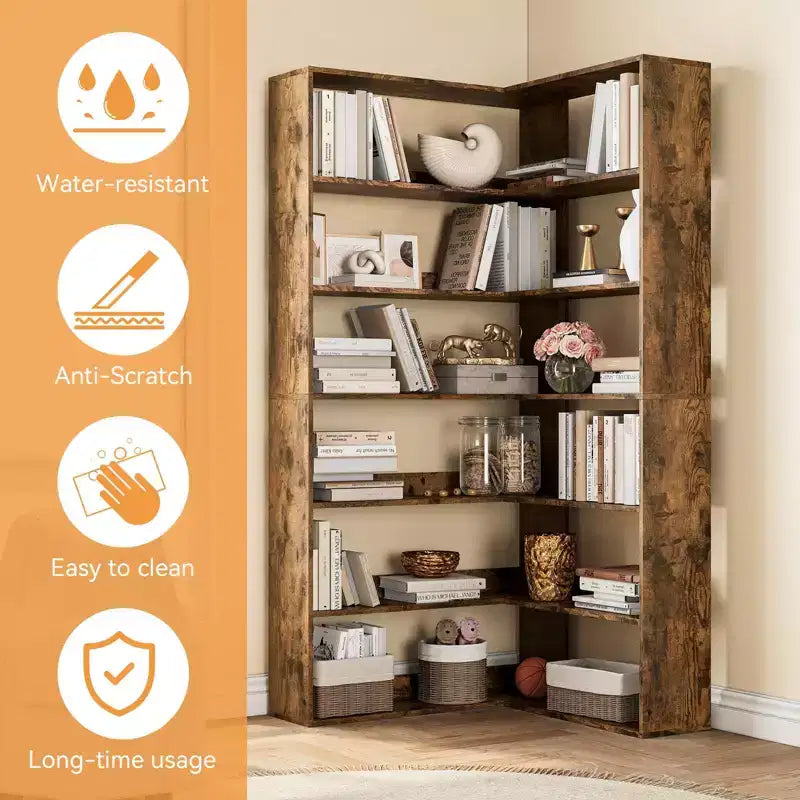 Étagère d'angle, Bibliothèque d'angle haute en bois à 6 niveaux avec déflecteurs, Étagère ouverte en forme de L, Unité d'étagères