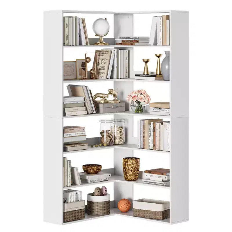 Étagère d'angle, Bibliothèque d'angle haute en bois à 6 niveaux avec déflecteurs, Étagère ouverte en forme de L, Unité d'étagères