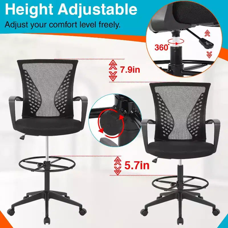 Chaise de Dessin Chaise de Bureau Haute avec Hauteur Réglable et Dossier en Maille Respirante