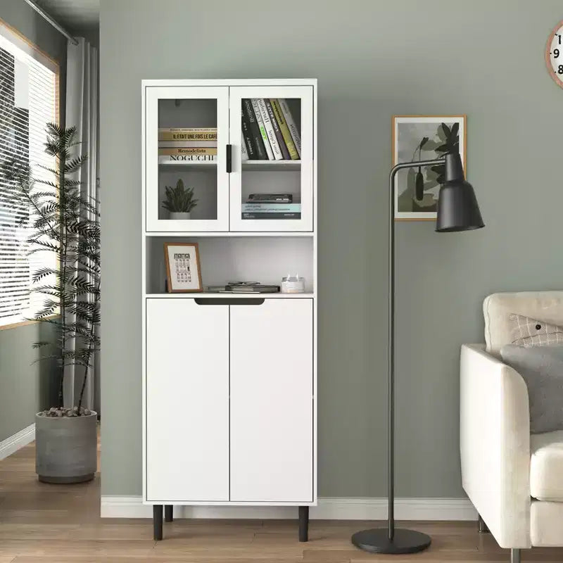 Grande bibliothèque avec portes en verre trempé et étagères réglables, armoire en MDF peint noir à 4 portes pour salon/chambre