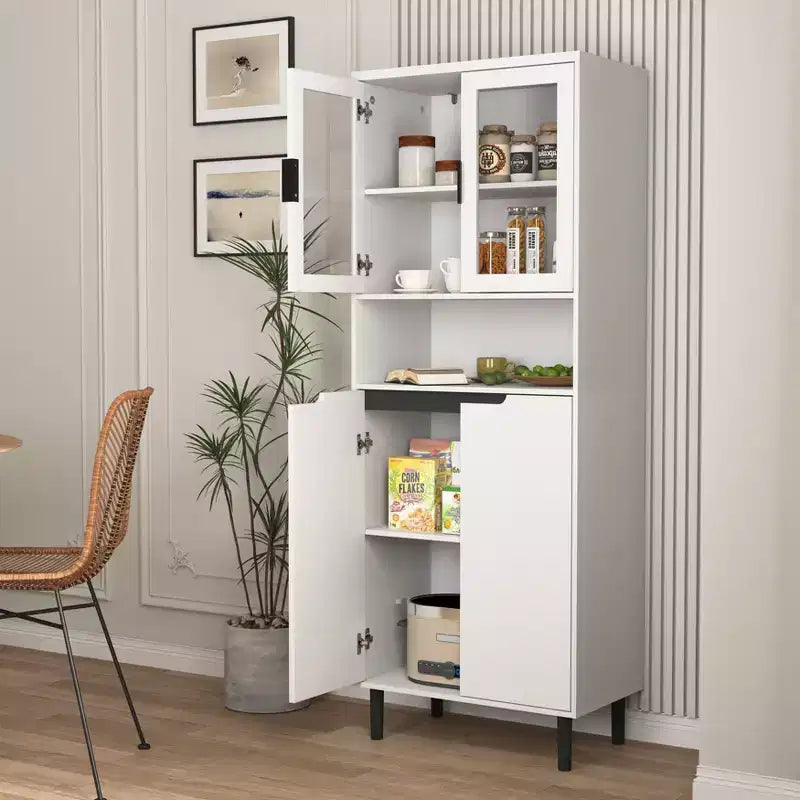 Grande bibliothèque avec portes en verre trempé et étagères réglables, armoire en MDF peint noir à 4 portes pour salon/chambre