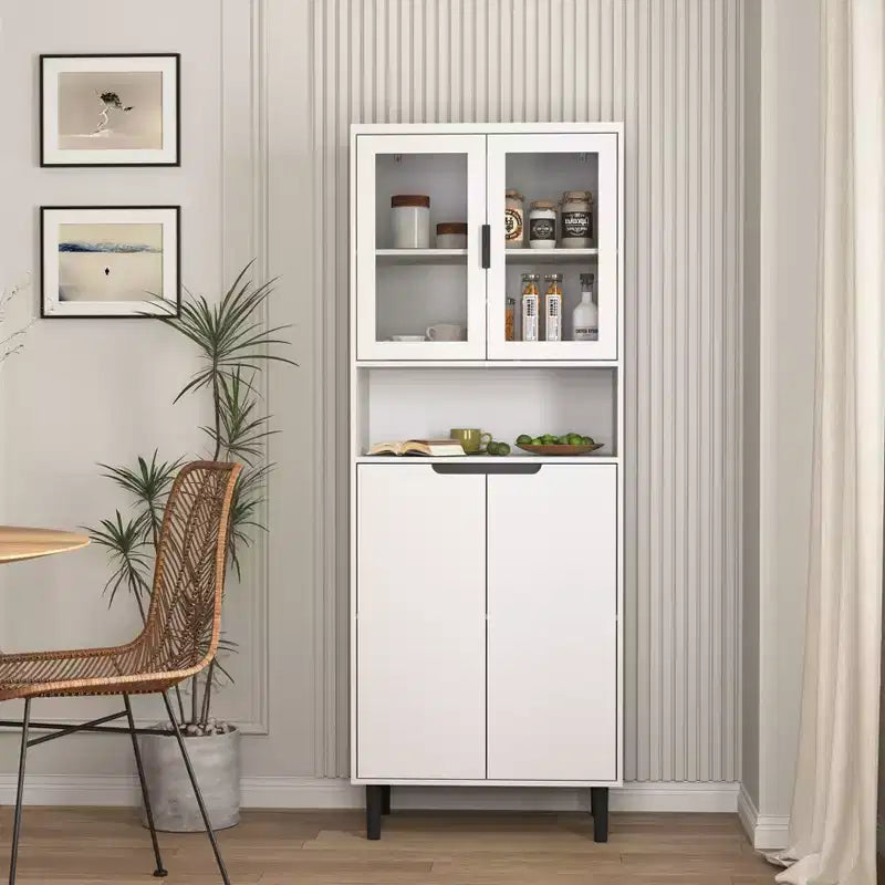 Grande bibliothèque avec portes en verre trempé et étagères réglables, armoire en MDF peint noir à 4 portes pour salon/chambre