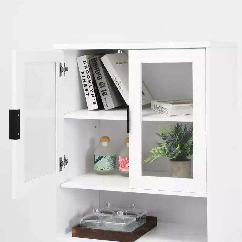 Grande bibliothèque avec portes en verre trempé et étagères réglables, armoire en MDF peint noir à 4 portes pour salon/chambre