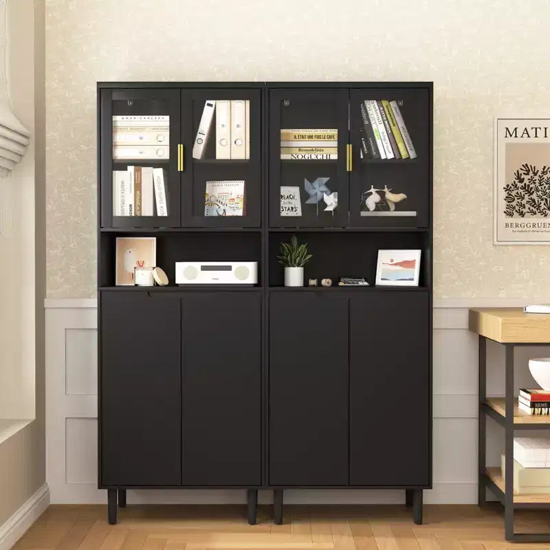 Grande bibliothèque avec portes en verre trempé et étagères réglables, armoire en MDF peint noir à 4 portes pour salon/chambre