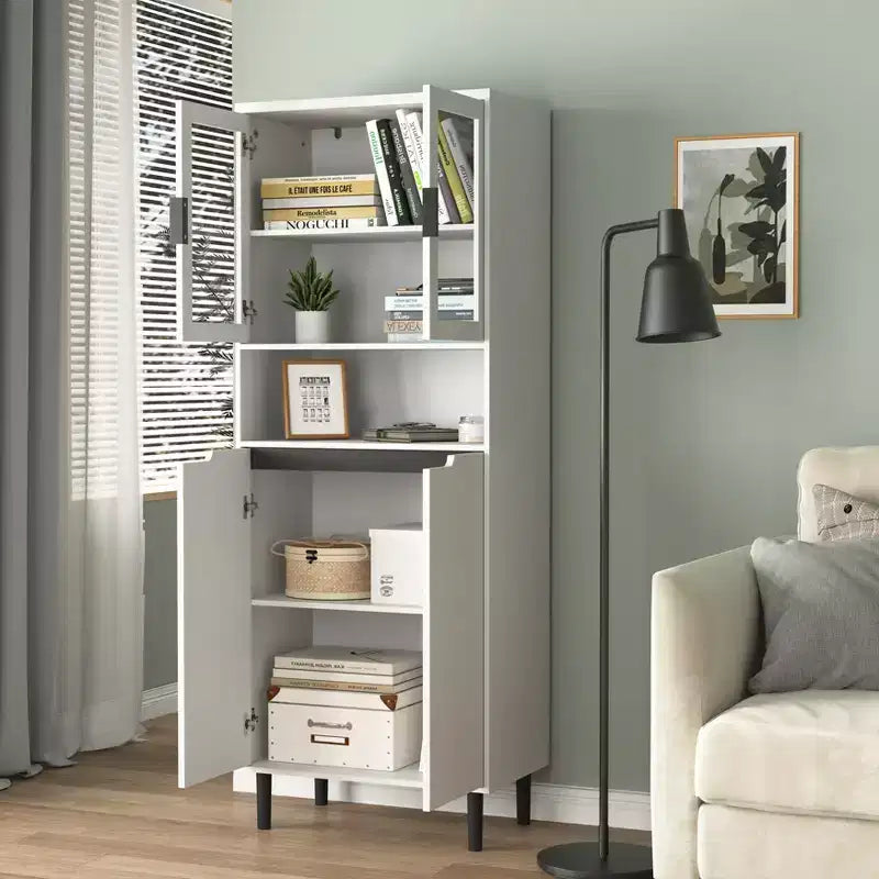 Grande bibliothèque avec portes en verre trempé et étagères réglables, armoire en MDF peint noir à 4 portes pour salon/chambre