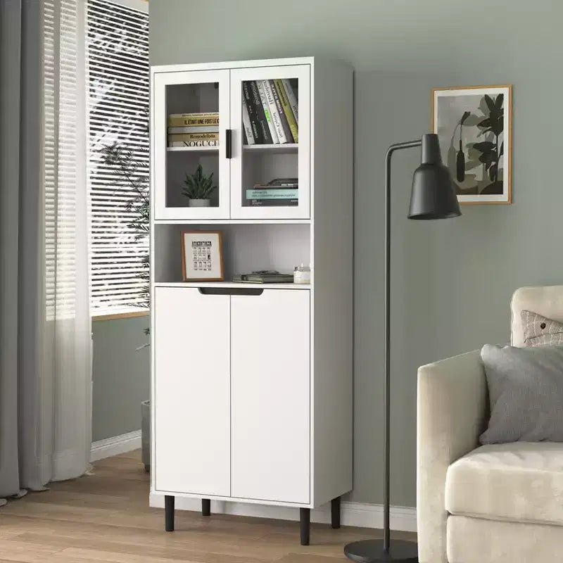 Grande bibliothèque avec portes en verre trempé et étagères réglables, armoire en MDF peint noir à 4 portes pour salon/chambre