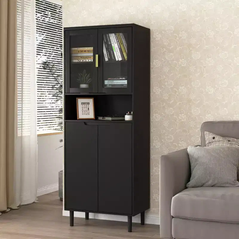 Grande bibliothèque avec portes en verre trempé et étagères réglables, armoire en MDF peint noir à 4 portes pour salon/chambre