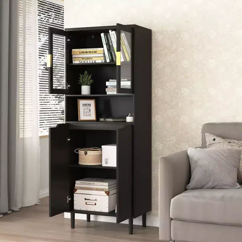 Grande bibliothèque avec portes en verre trempé et étagères réglables, armoire en MDF peint noir à 4 portes pour salon/chambre