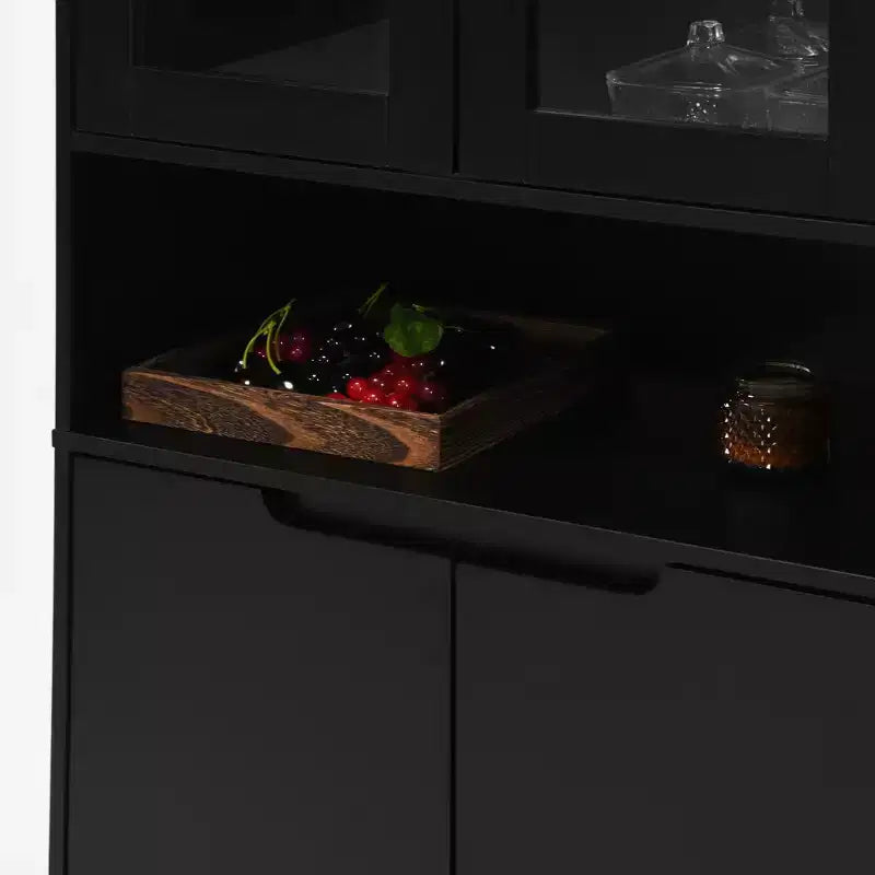 Grande bibliothèque avec portes en verre trempé et étagères réglables, armoire en MDF peint noir à 4 portes pour salon/chambre