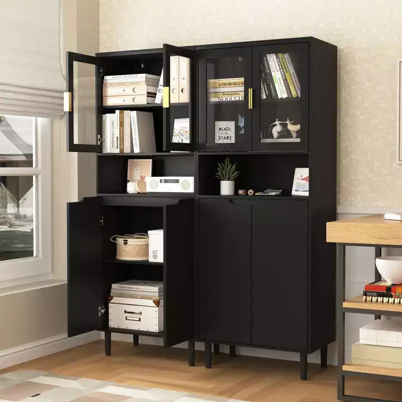 Grande bibliothèque avec portes en verre trempé et étagères réglables, armoire en MDF peint noir à 4 portes pour salon/chambre