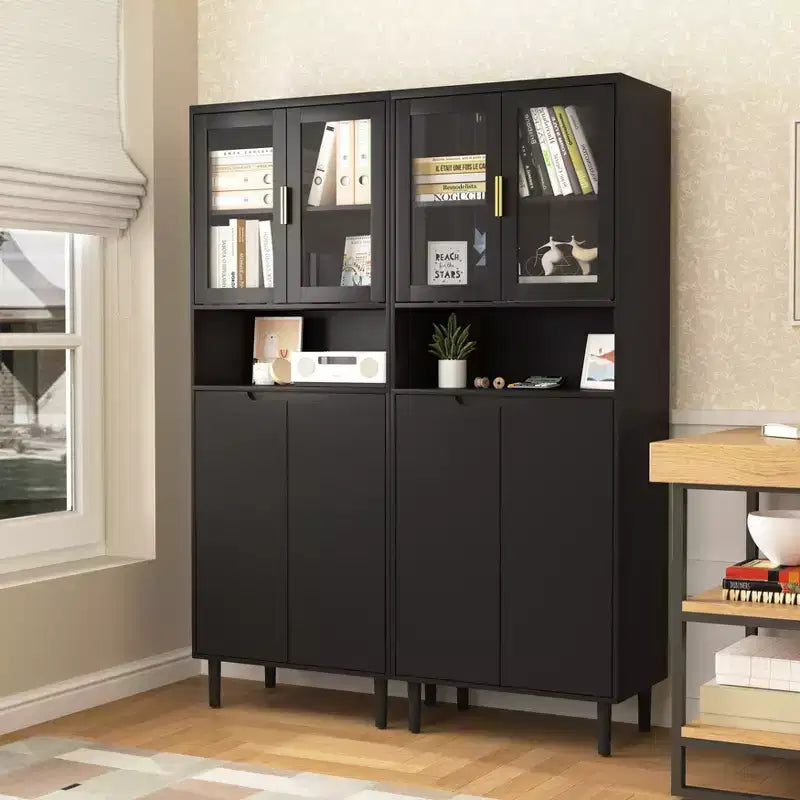 Grande bibliothèque avec portes en verre trempé et étagères réglables, armoire en MDF peint noir à 4 portes pour salon/chambre
