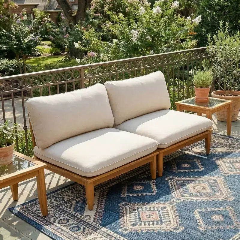 Christopher Knight Home Sacova Chaise d'extérieur sans accoudoirs en bois d'acacia, cadre finition teck avec coussin beige, lot de 2