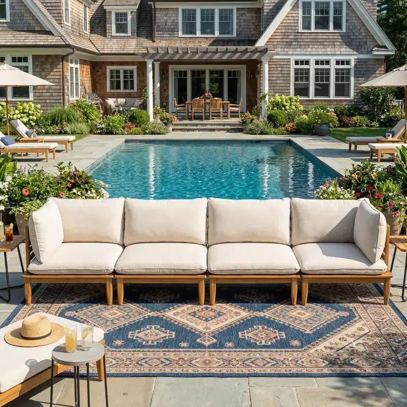 Christopher Knight Home Sacova Outdoor Acacia Wood 4-Seater Sofa, Teak Finish Frame with Beige Cushion