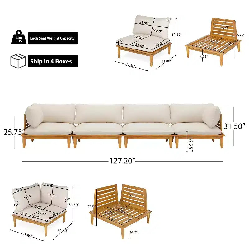 Canapé 4 places d'extérieur Christopher Knight Home Sacova en bois d'acacia, cadre finition teck avec coussin beige