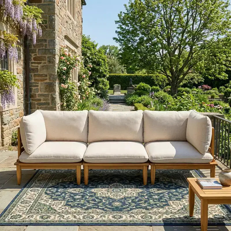 Christopher Knight Home Sacova Outdoor Acacia Wood 3-Seater Sofa, Teak Finish Frame with Beige Cushion