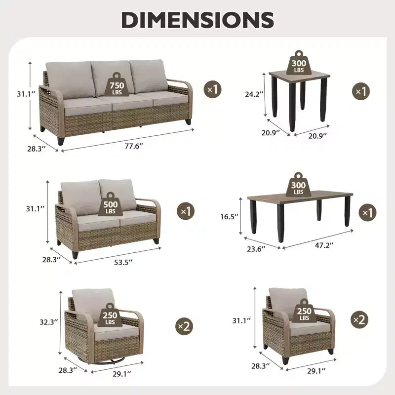 EAGLE PEAK Ensemble de conversation d'extérieur en osier pour patio, chaises pivotantes à bascule, canapé 3 places, causeuse, table, 8 pièces