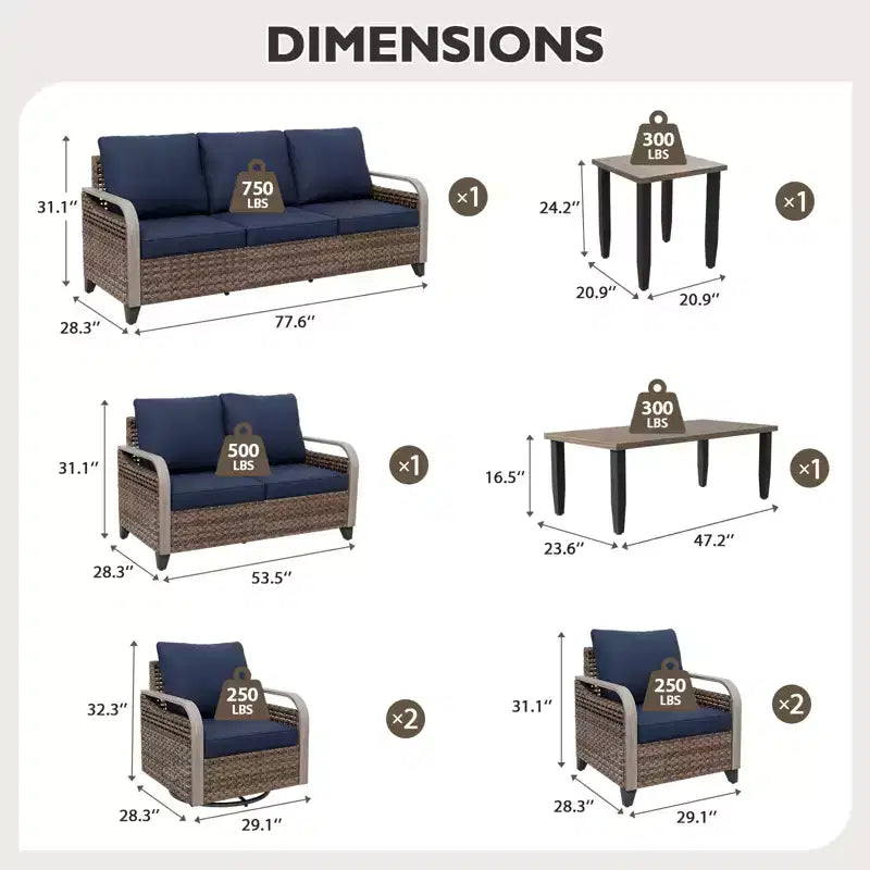 EAGLE PEAK Ensemble de conversation d'extérieur en osier pour patio, chaises pivotantes à bascule, canapé 3 places, causeuse, table, 8 pièces