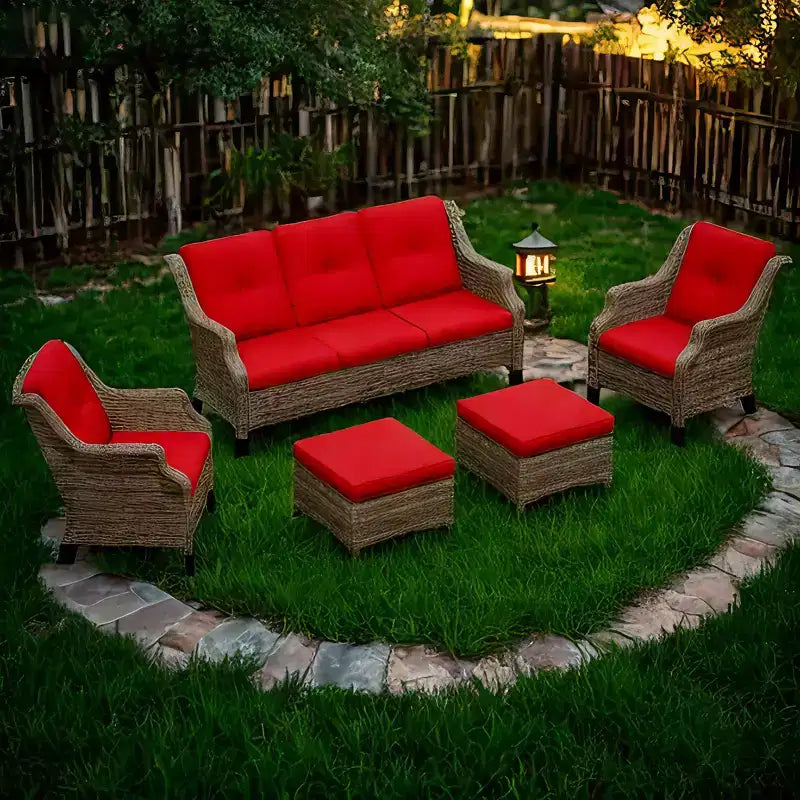 Ensemble de meubles de patio Bestier, ensemble de conversation en osier 5 pièces avec coussin épais et poufs, chaises de canapé en rotin d'extérieur pour arrière-cour, jardin, porche