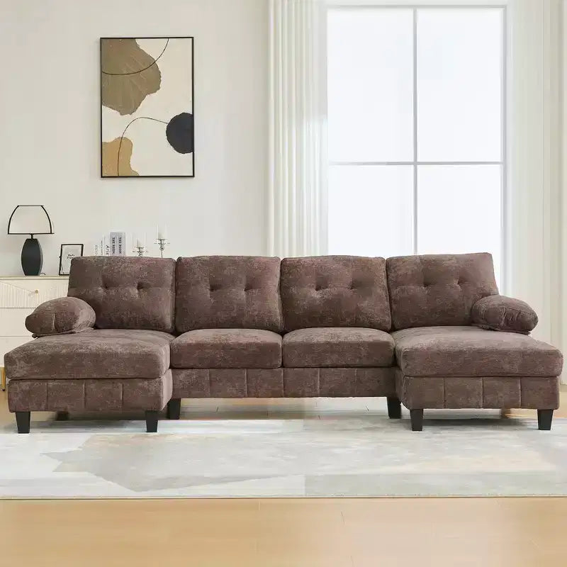 Canapé sectionnel en U en chenille avec deux méridiennes, poches de rangement et coussins d'accoudoir