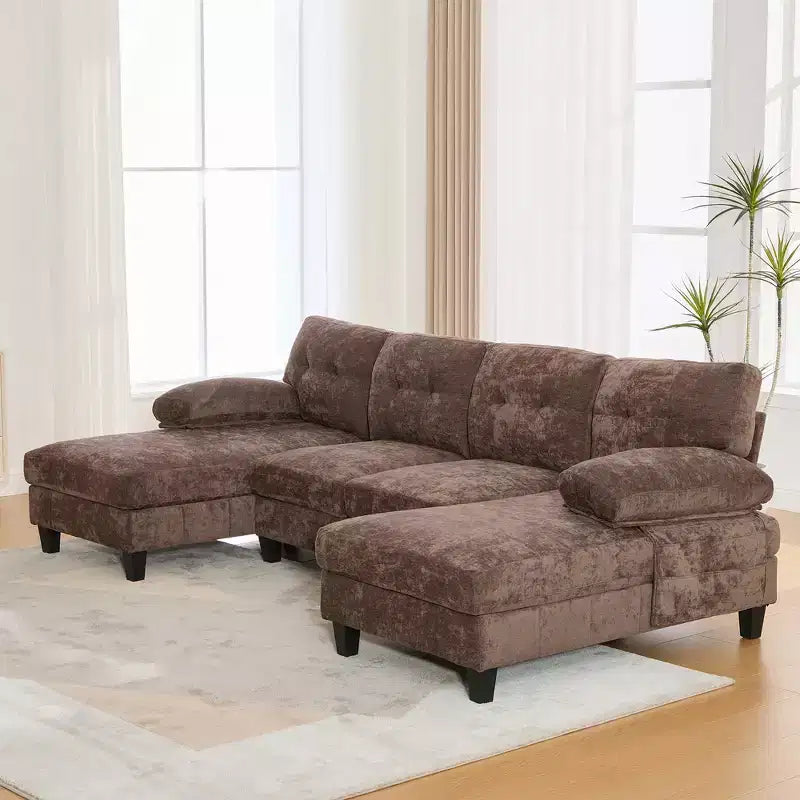Canapé sectionnel en U en chenille avec deux méridiennes, poches de rangement et coussins d'accoudoir