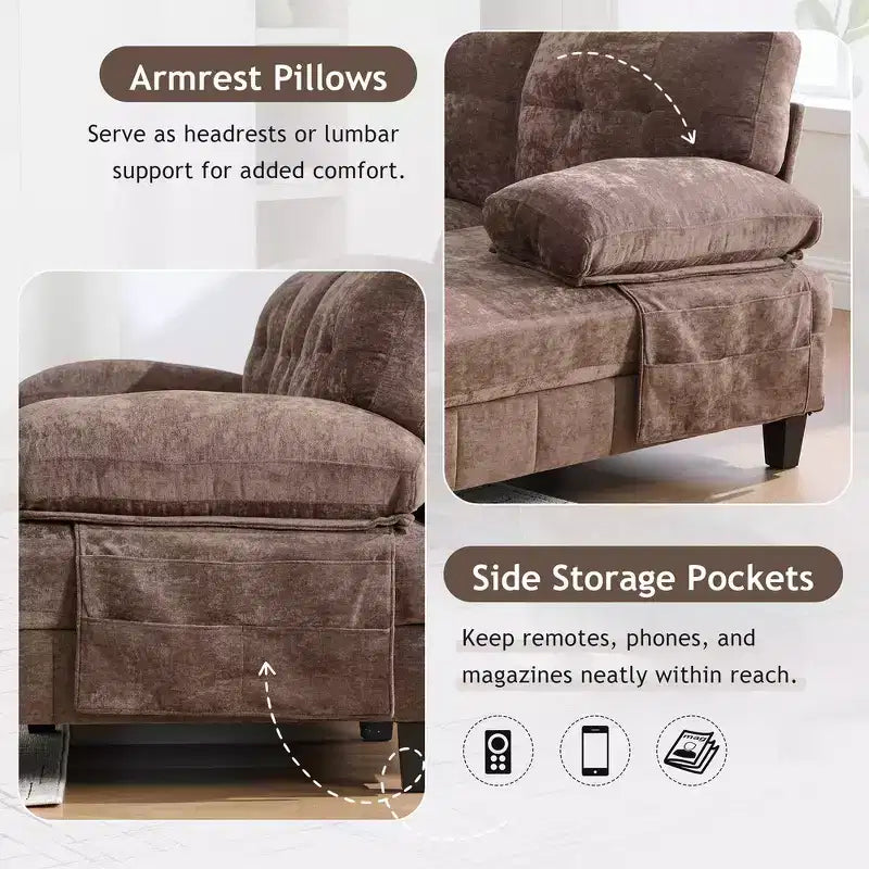 Canapé sectionnel en U en chenille avec deux méridiennes, poches de rangement et coussins d'accoudoir