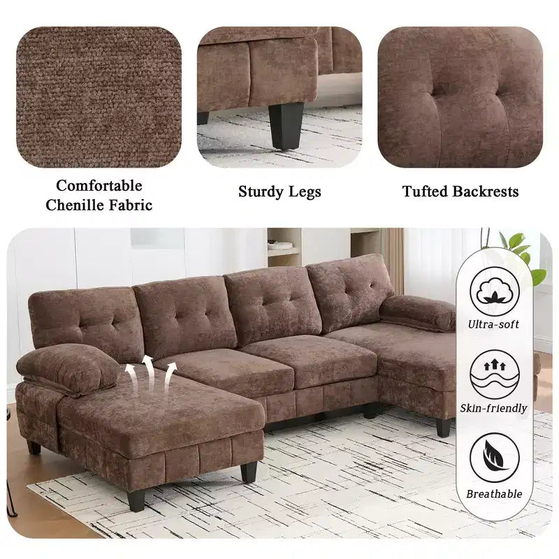 Canapé sectionnel en U en chenille avec deux méridiennes, poches de rangement et coussins d'accoudoir