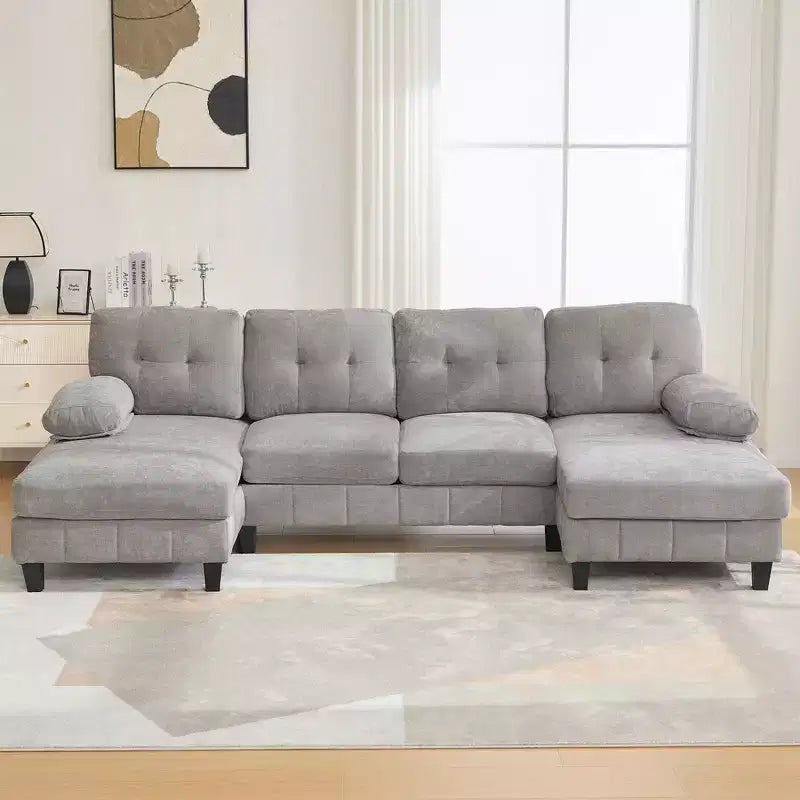 Canapé sectionnel en U en chenille avec deux méridiennes, poches de rangement et coussins d'accoudoir