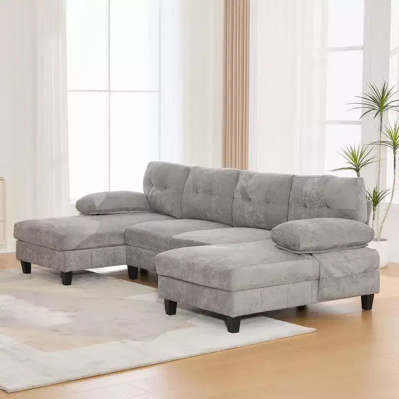 Canapé sectionnel en U en chenille avec deux méridiennes, poches de rangement et coussins d'accoudoir