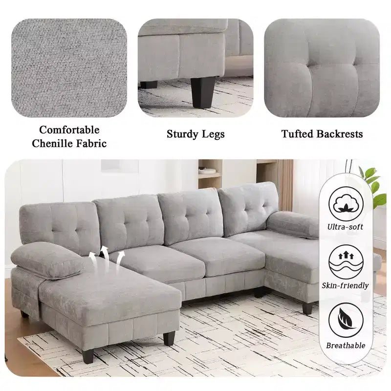 Canapé sectionnel en U en chenille avec deux méridiennes, poches de rangement et coussins d'accoudoir