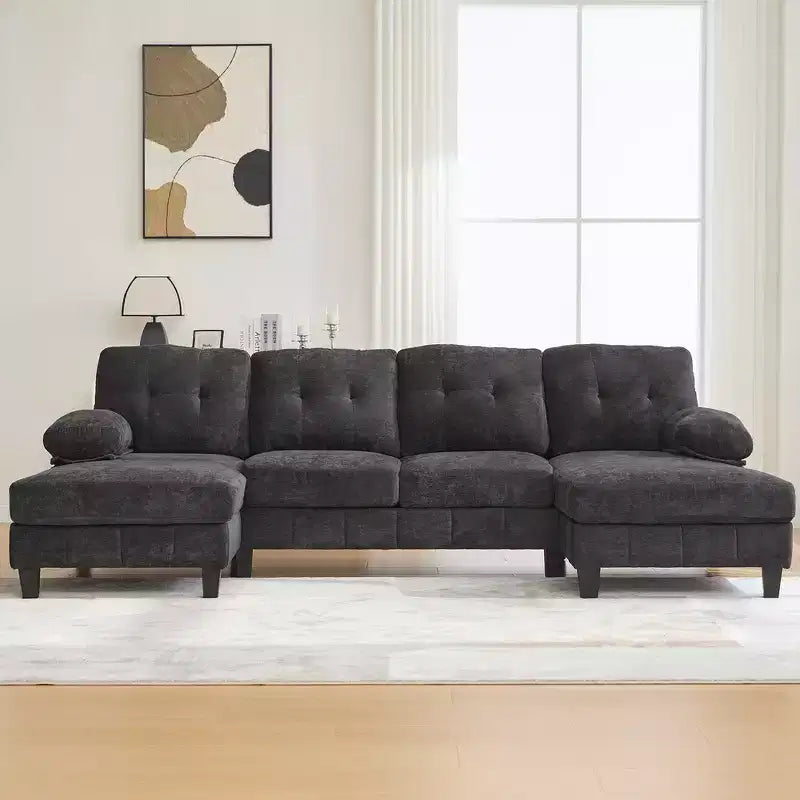 Canapé sectionnel en U en chenille avec deux méridiennes, poches de rangement et coussins d'accoudoir