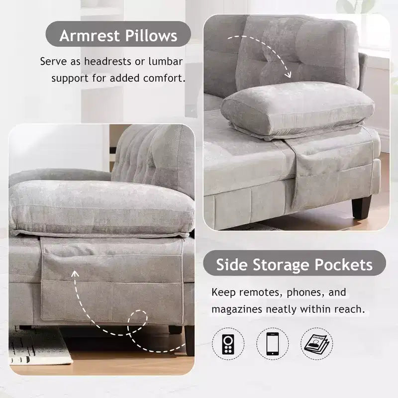 Canapé sectionnel en U en chenille avec deux méridiennes, poches de rangement et coussins d'accoudoir