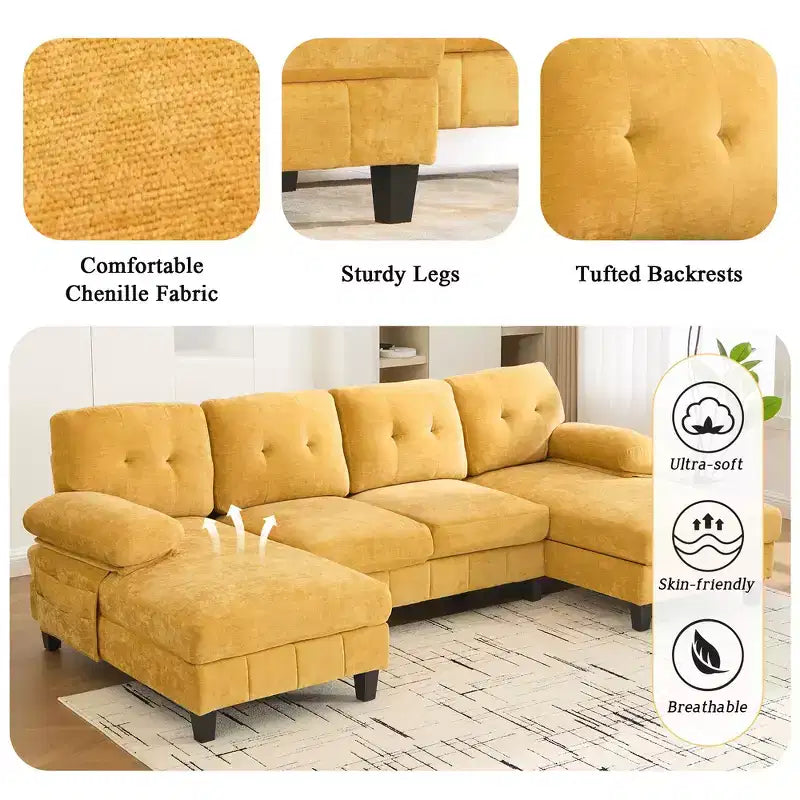 Canapé sectionnel en U en chenille avec deux méridiennes, poches de rangement et coussins d'accoudoir