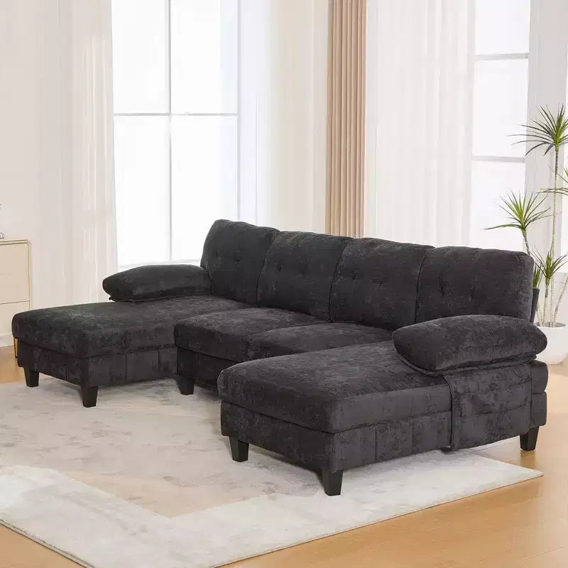 Canapé sectionnel en U en chenille avec deux méridiennes, poches de rangement et coussins d'accoudoir