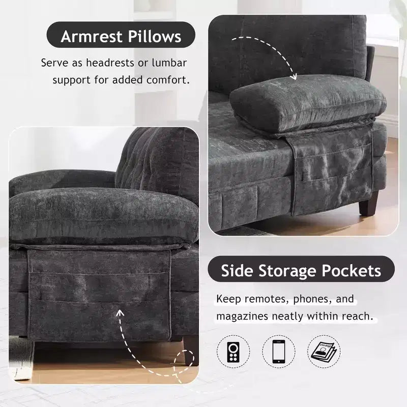 Canapé sectionnel en U en chenille avec deux méridiennes, poches de rangement et coussins d'accoudoir