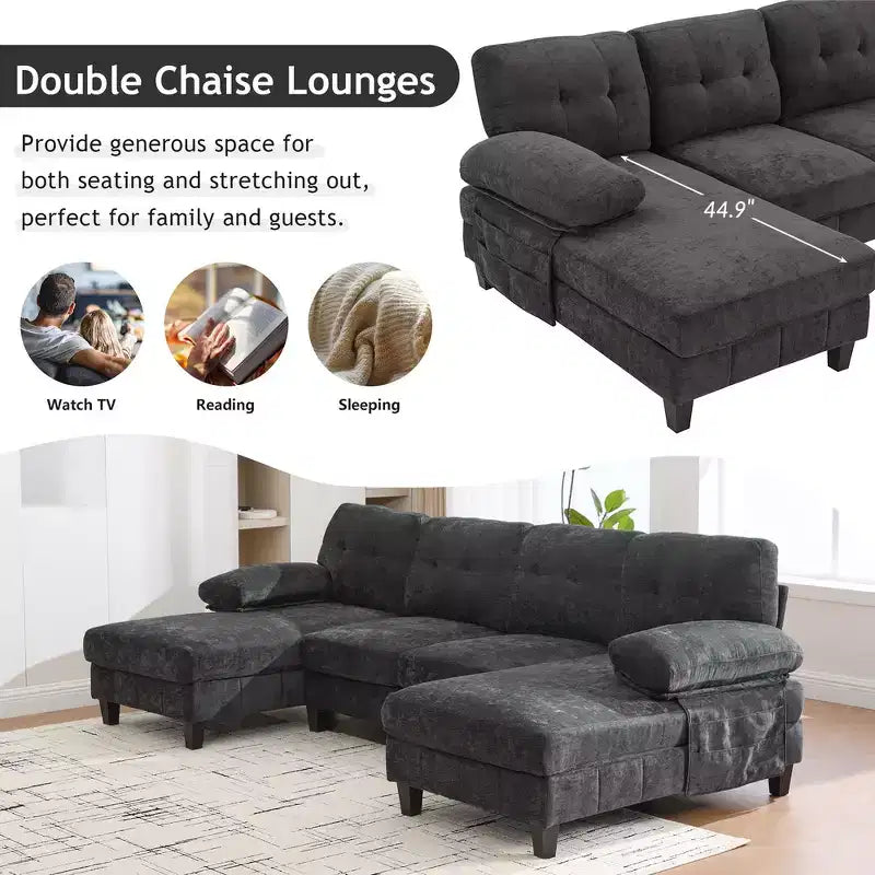 Canapé sectionnel en U en chenille avec deux méridiennes, poches de rangement et coussins d'accoudoir