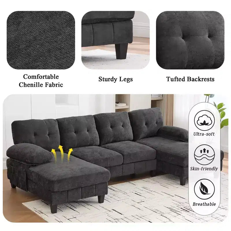 Canapé sectionnel en U en chenille avec deux méridiennes, poches de rangement et coussins d'accoudoir