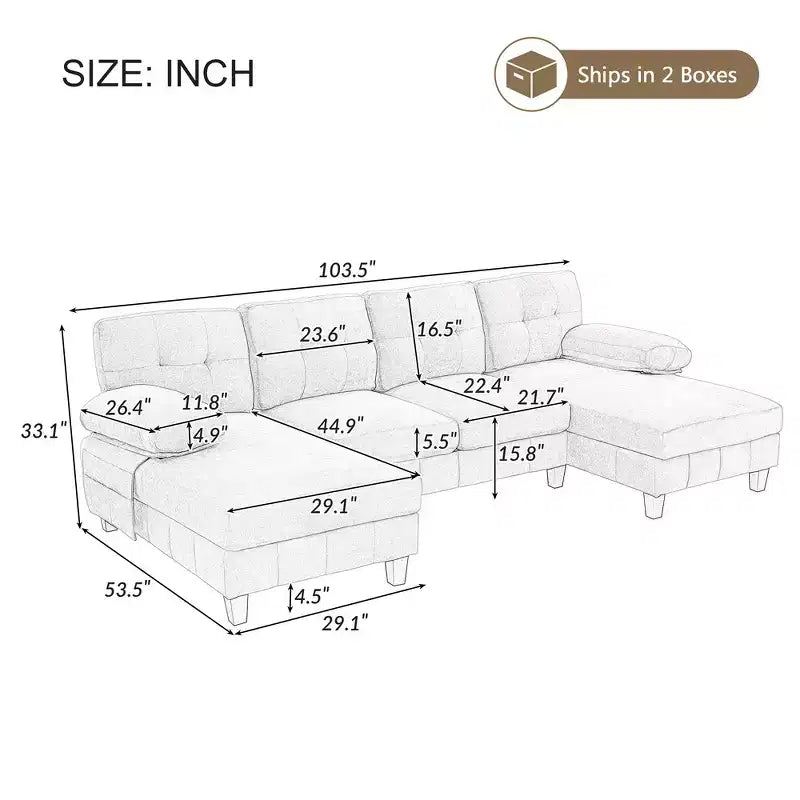 Canapé sectionnel en U en chenille avec deux méridiennes, poches de rangement et coussins d'accoudoir