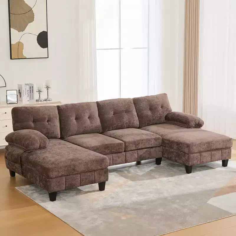 Canapé sectionnel en U en chenille avec deux méridiennes, poches de rangement et coussins d'accoudoir
