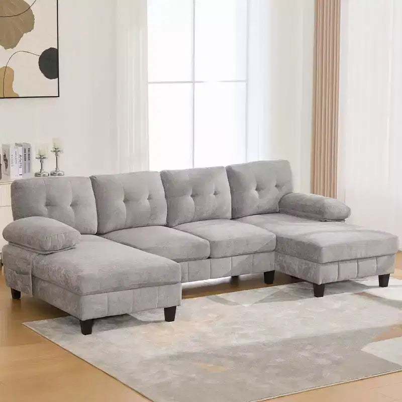 Canapé sectionnel en U en chenille avec deux méridiennes, poches de rangement et coussins d'accoudoir