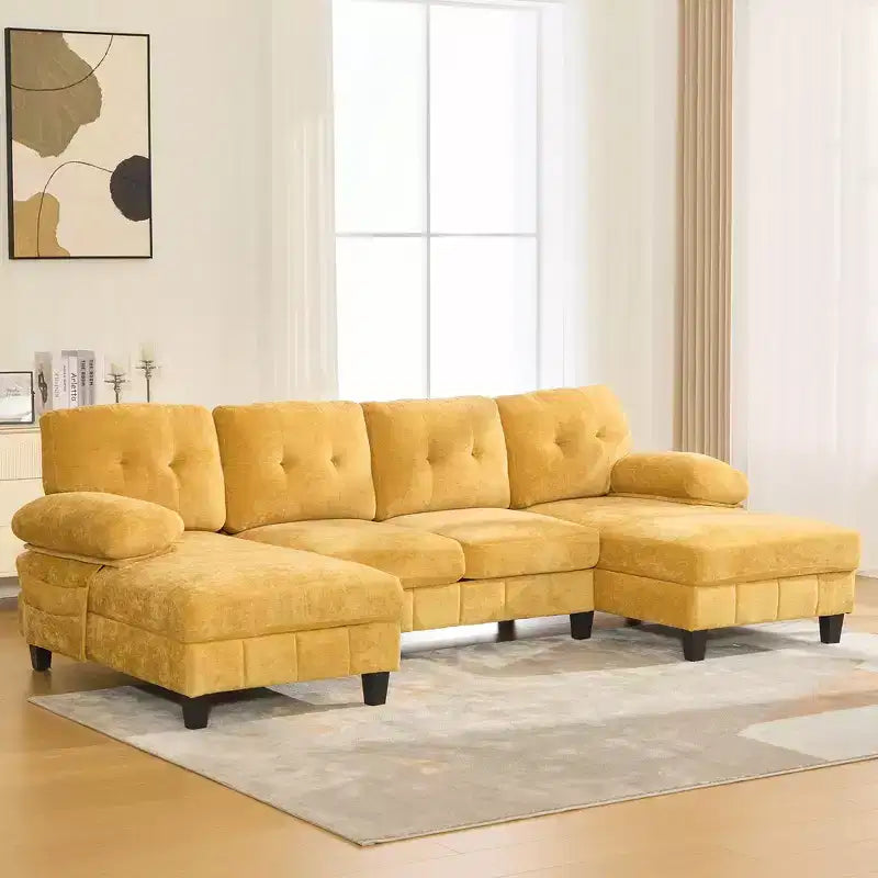 Canapé sectionnel en U en chenille avec deux méridiennes, poches de rangement et coussins d'accoudoir