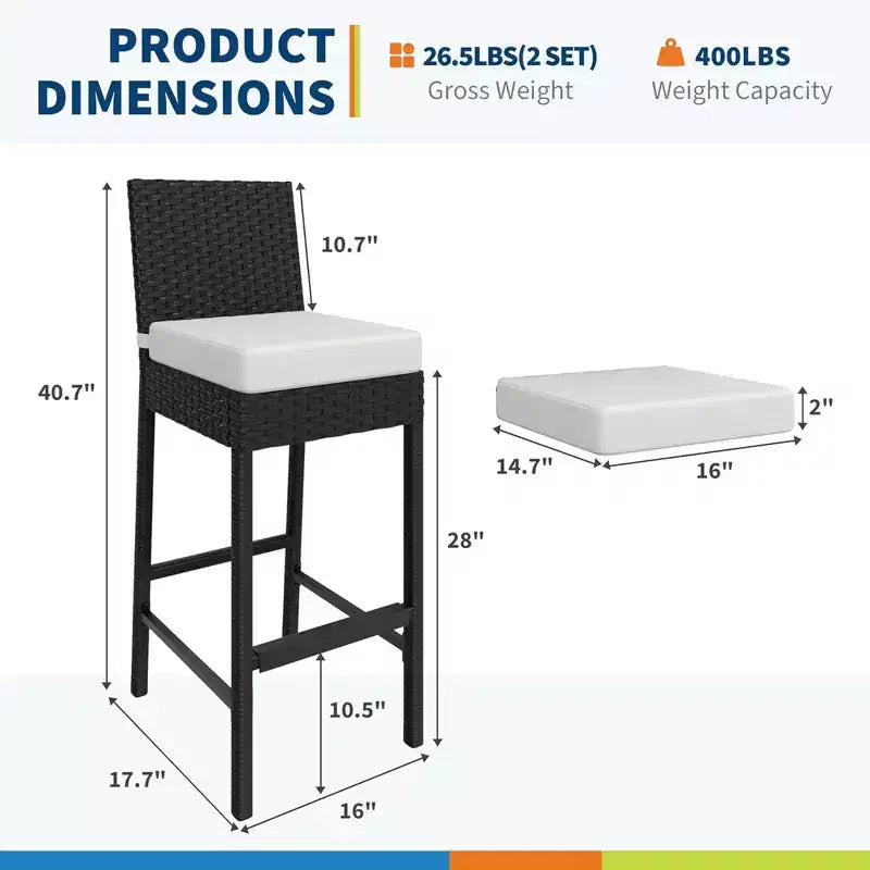 Lot de 2 tabourets de bar hauts de jardin en osier GustoWave avec coussins, sans accoudoirs, pour jardin et piscine