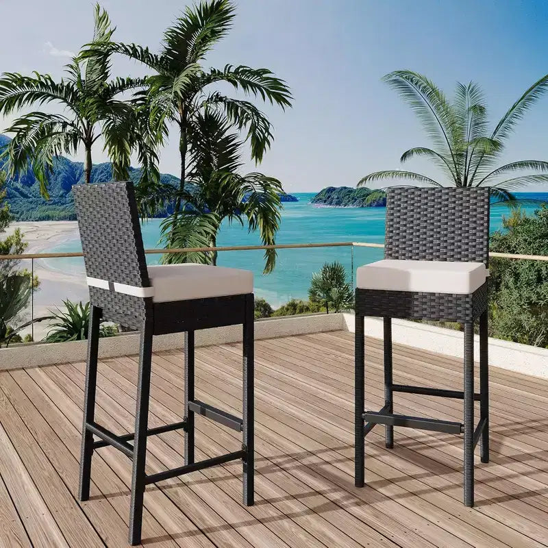 Lot de 2 tabourets de bar hauts de jardin en osier GustoWave avec coussins, sans accoudoirs, pour jardin et piscine
